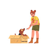Fototapeta Kosmos - Girl with dog in box. Vector image of happy child or kid near purebred or homeless puppy in carton box. Animal adoption and protection, home shelter. Domestic doggy friend in container. Flat clipart.