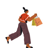 Fototapeta Kosmos - Isolated woman with shopping bags running. Vector female run to shop or store. Shopper in hurry for discount or promotion offer. Consumer at mall or market. Shopper at supermarket. Buyer event