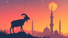 Eid Al Adha Poster: Goat Silhouette Against Mosque Backdrop. AI Generative