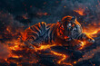 Generate an image of an abstract, fierce tiger lounging on a bed of glowing lava beneath a star-studded sky, its stripes blending seamlessly with the swirling patterns of molten rock