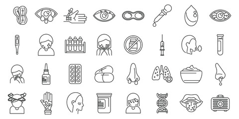 Poster - Allergy to peanuts icons set outline vector. Food health. Skin disease diagnosis