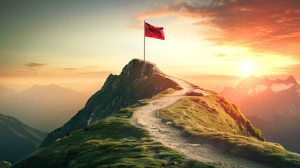 mountain top road going to achievement flag, business goals achieve concept