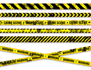 Wall Mural - Old grunge barricade construction tape. Yellow police warning line, brightly colored danger or hazard stripe, ribbon. Restricted area, zone. Attention symbol. Vector illustration