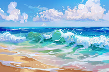 A Painting Depicting A Beach Scene With Waves Rolling In Towards The Shore Summer