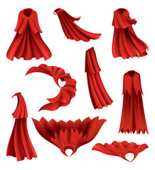 Wall Mural - Superhero red cape in different positions, front and side view. Scarlet fabric silk cloak. Mantle costume or cover cartoon set