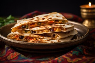 Tasty quesadilla in a clay dish against a woolen fabric background