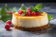 Juicy cheesecake on a marble slab against a rice paper background