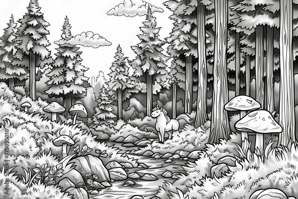 Detailed black and white illustration featuring trees, foliage, and a ...