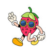 Funny looking walking strawberry in sunglasses. Vector pop art icon of fruit. Sticker or badge of berry with face in retro style. Popart character design. Food with legs and face isolated. 70s mascot