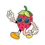 Fototapeta Kosmos - Funny looking walking strawberry in sunglasses. Vector pop art icon of fruit. Sticker or badge of berry with face in retro style. Popart character design. Food with legs and face isolated. 70s mascot