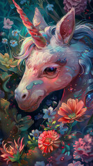 Wall Mural - A painting of a unicorn surrounded by flowers