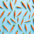 An overhead shot of fresh, bright orange carrots arranged in a random pattern on a vibrant blue background, aesthetic, minimal, Easter Spring design, wallpaper, background, greeting card 