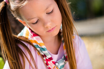 Sticker - Photo portrait of ponytails charming small girl sit under tree calm reading face dressed stylish clothes go school park morning time