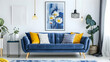 Grey plaid and a poster on a white wall are paired with a blue, comfortable sofa and yellow pillows. Modern living room interior design in a Scandinavian home.