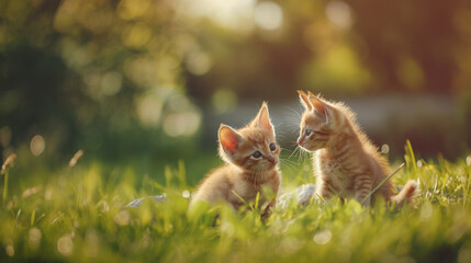 Two little baby cats sitting on the grass. Animals photography