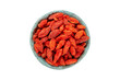 Dried goji berries in a bowl, Lycium barbarum, topview and isolated
