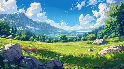 A natural environment illustrated in an anime manner. Generative AI