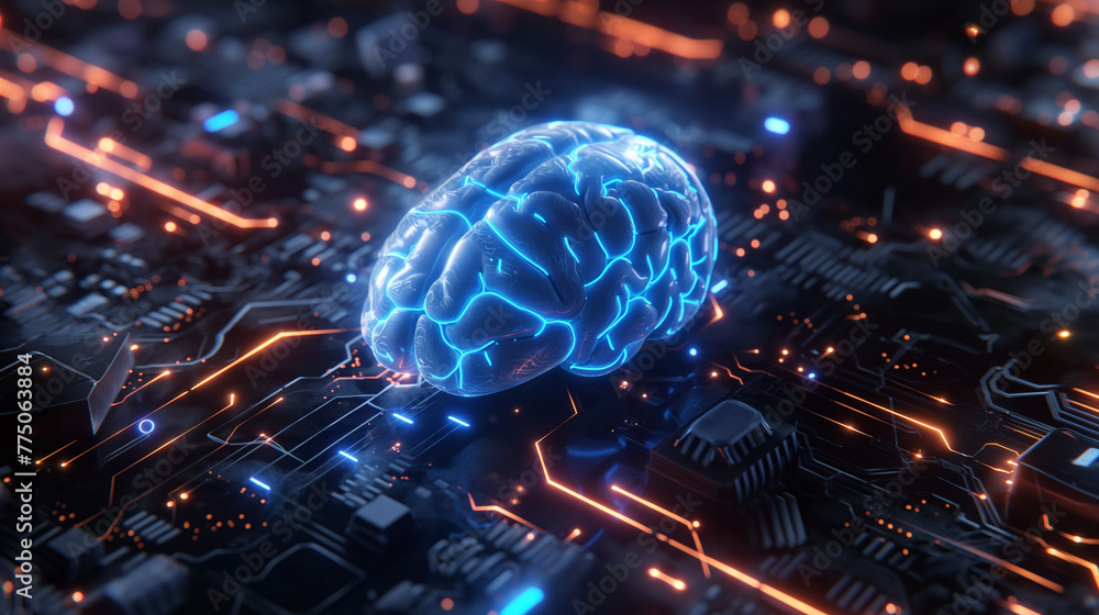 A 3D hologram neon blue color human brain symbol on a dark AI ...