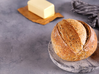 Poster - homemade tartine bread with milk and butter