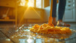 Wielding a mop, a cleaner effortlessly navigates floors, bringing back shine and cleanliness to every step of the home