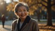 elderly asian lady woman on morning sunlight winter park background smiling happy looking at camera with copy space for banner backdrop from Generative AI