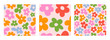 Colorful set abstract floral seamless patterns with cute groovy daisy flowers. Vector illustration	
