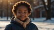 kid child black african girl on morning sunlight winter park background smiling happy looking at camera with copy space for banner backdrop from Generative AI