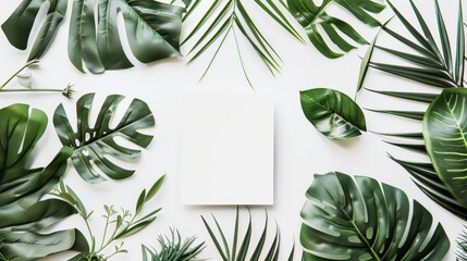 Wall Mural - White frame on a background of tropical green leaves with place for text, invitation or banner
