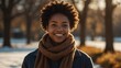 young black african woman on morning sunlight winter park background smiling happy looking at camera with copy space for banner backdrop from Generative AI