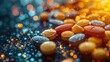Macro photo of pills and capsules scattered on a table, shallow depth of field, moody lighting