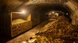Rows of wooden crates overflowing with golden coins are stored in the secure, dimly lit confines of an underground vault.
