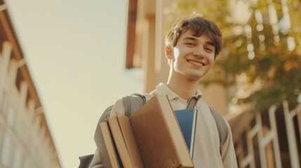 Wall Mural - Handsome student man with backpack and books outdoor. Smile boy happy carrying a lot of book in college campus. Portrait male on international University. Education, study, school