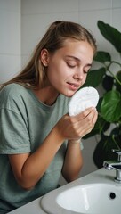 Wall Mural - Happy young beautiful Caucasian woman takes care of her facial skin.