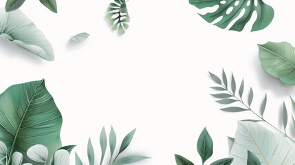 Poster - White frame on a background of tropical green leaves with place for text, invitation or banner