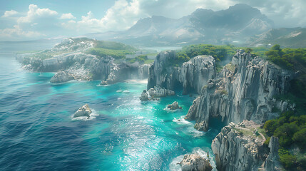 Wall Mural - An aerial view of a rocky coastline with towering sea cliffs and hidden coves