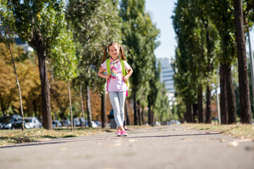 Sticker - Photo portrait of ponytails cute small girl walk rucksack shopping big sales dressed stylish garment elementary school student park