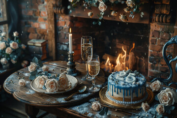 Poster - A couple embracing by a fireplace, with champagne glasses in hand and a cake decorated with the number 