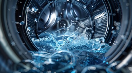 Detailed 3D visualization of the washing process inside a machine from water inflow and detergent mixing to the spinning and rinsing of clothes