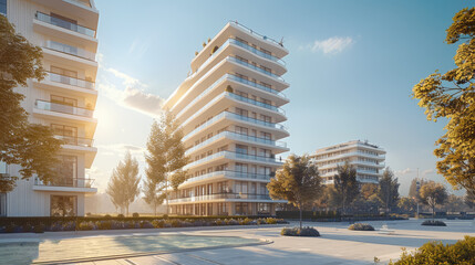 Aufkleber - An architectural rendering of the exterior view of an apartment building. Generative AI.