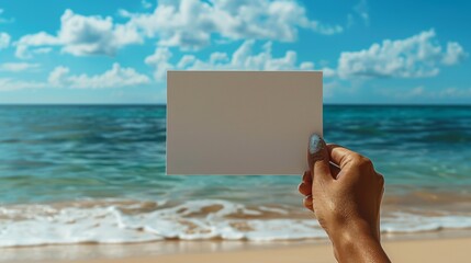 Canvas Print - A person holding a blank piece of paper on the beach, AI