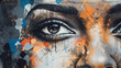  A close-up of a graffiti-covered wall featuring a stencil portrait of a determined black woman, her eyes reflecting resilience and strength.