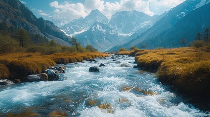 Wall Mural - High mountains and flowing water, a quiet and beautiful atmosphere. Generative AI.