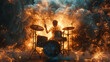 A man is playing a drum with smoke in the background