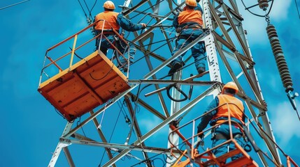 a workers with crane is working on the transmission tower of a high voltage line. linemen on boom li