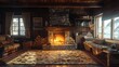 Cozy norwegian cottage with rustic interior, fireplace, ambient lighting in wide angle photography