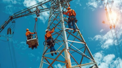 Fototapete - A workers with crane is working on the transmission tower of a high voltage line. linemen on boom lifts working on high voltage power line towers. Generative AI.
