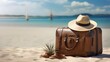 suitcase on the beach sand. travel concept