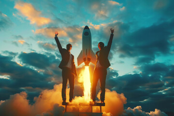 Silhouettes of two people with arms raised in victory as a rocket launches at sunset