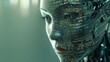 Stylized AI robot head and face  with a binary code matrix forming its facial features, set against a straightforward, subdued background
