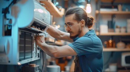 Wall Mural - A technician man working on a new portable air conditioner unit in a room with a cozy interior in a modern style. Generative AI.